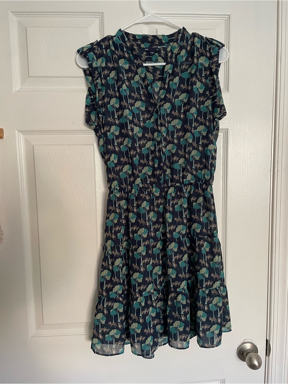 GAP Women’s size Small Navy Dress with Teal, Sage & Mustard Fox Print